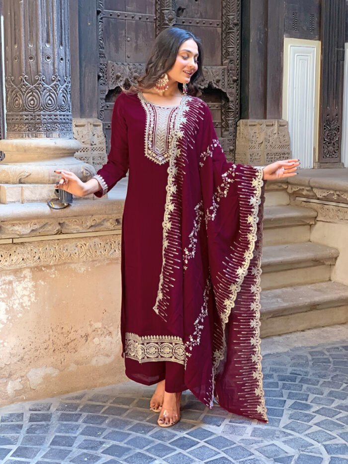 Maroon Threadwork Cotton Festive Suit - Image 2
