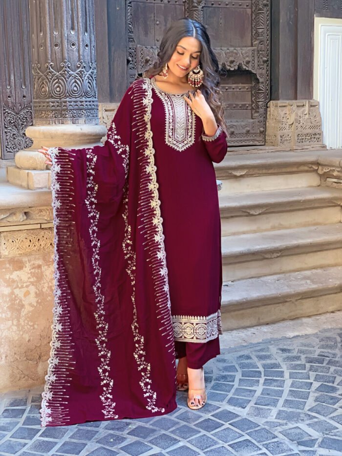 Maroon Threadwork Cotton Festive Suit - Image 3