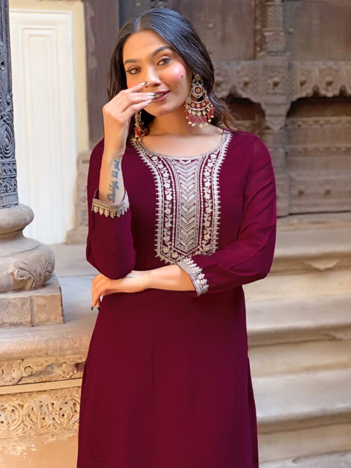 Maroon Threadwork Cotton Festive Suit - Image 6