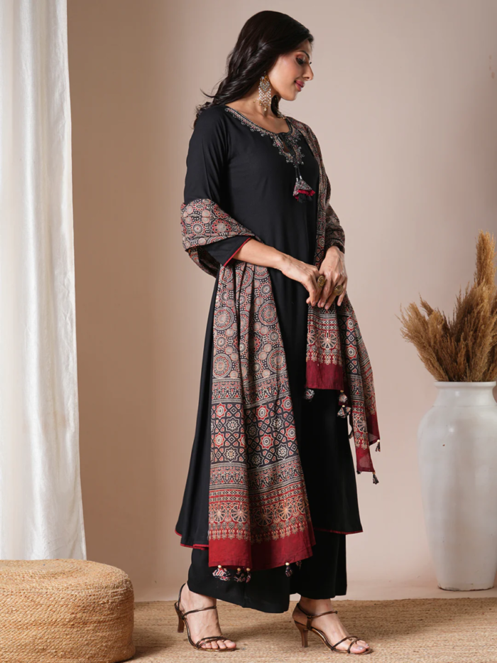 Black Cotton Handwork A Line Festive Suit - Image 4