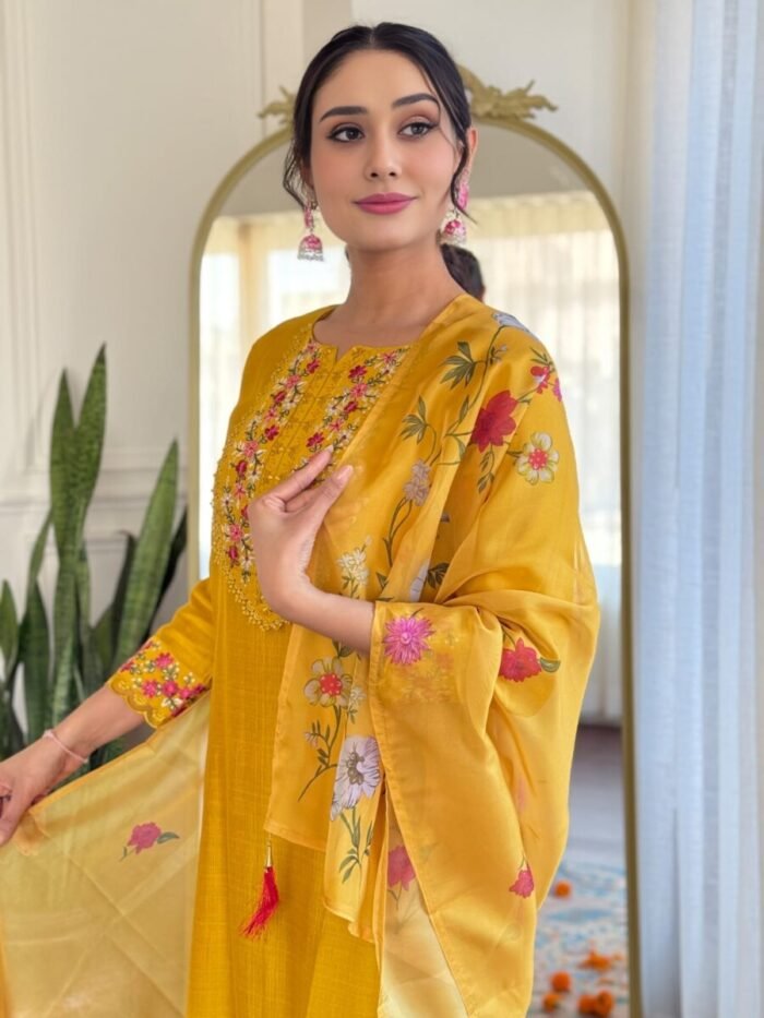 Yellow Thread work Cotton Suit - Image 4