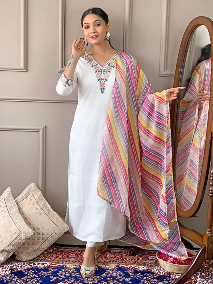 White Threadwork Cotton Festive Suit