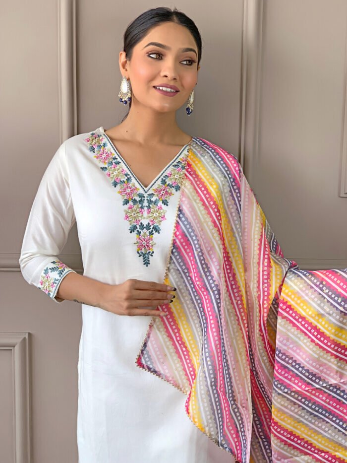 White Threadwork Cotton Festive Suit - Image 3