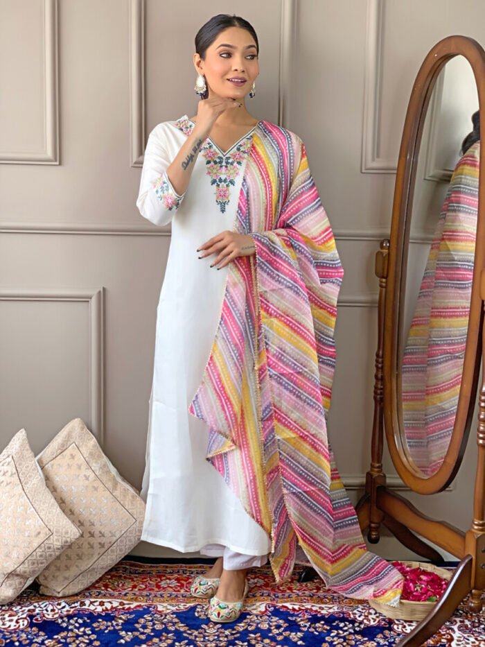 White Threadwork Cotton Festive Suit - Image 2