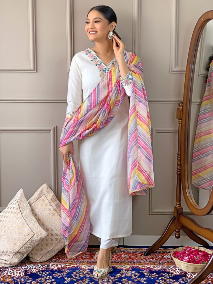 White Threadwork Cotton Festive Suit - Image 4