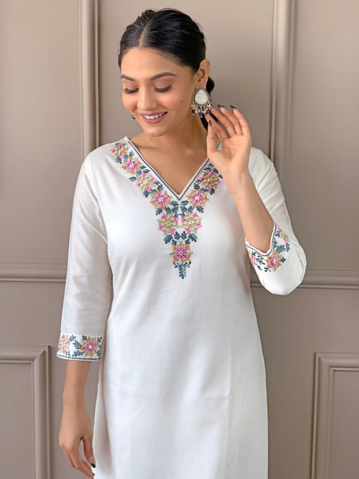 White Threadwork Cotton Festive Suit - Image 5