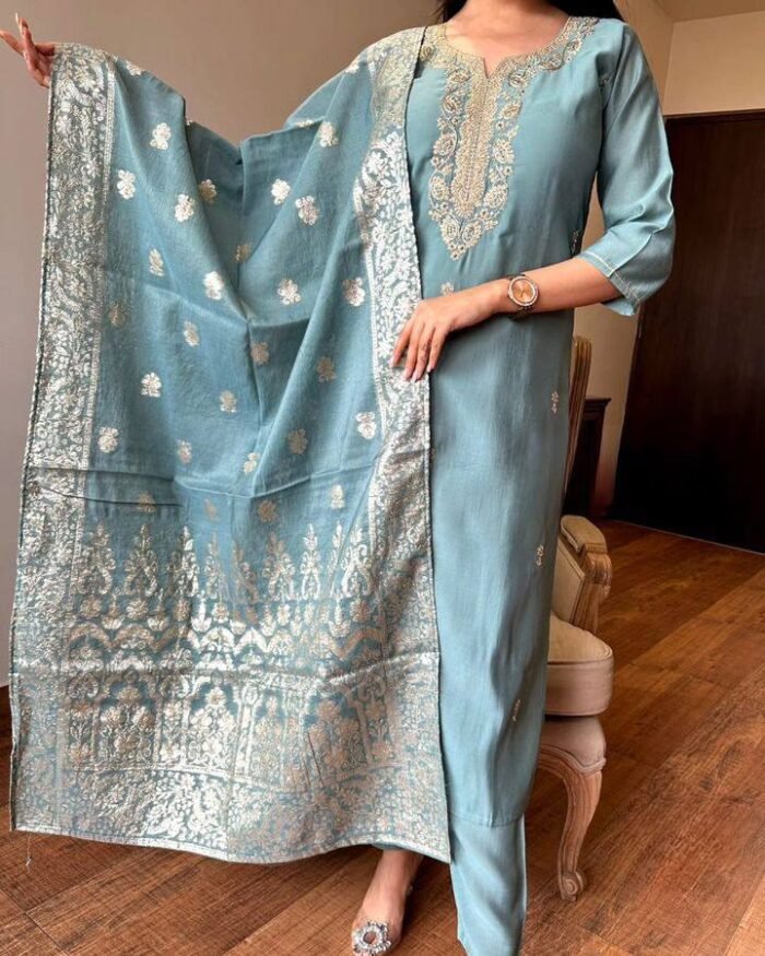 Sky Blue Straight Premium Cotton Suit - Image 3