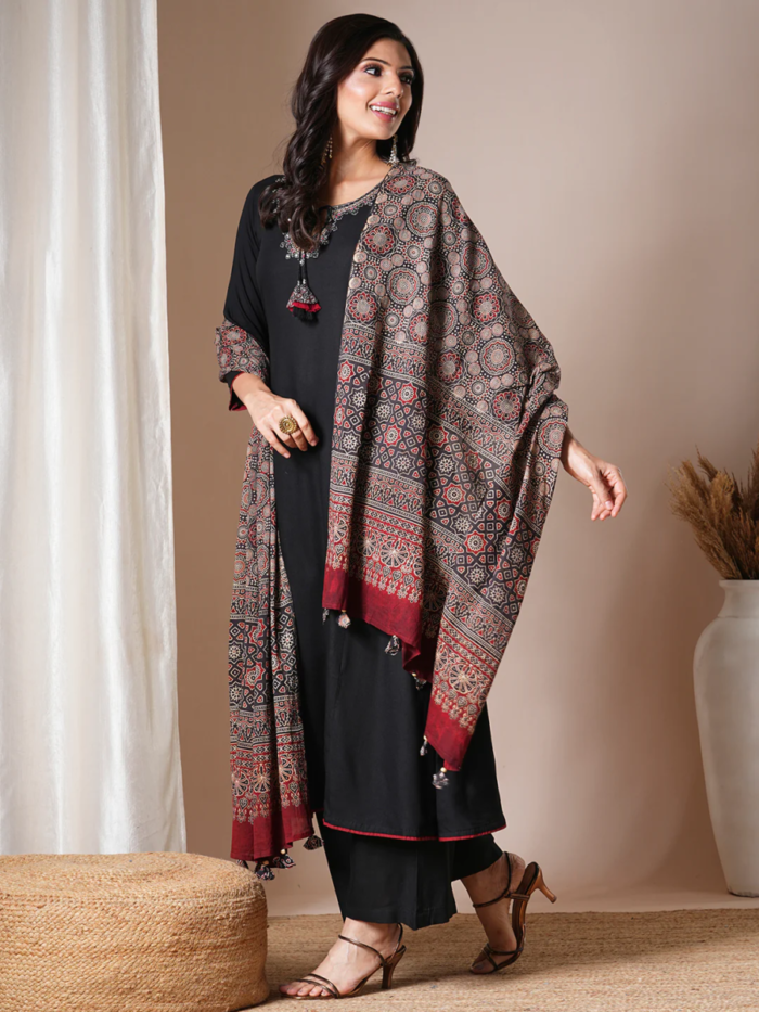 Black Cotton Handwork A Line Festive Suit - Image 2