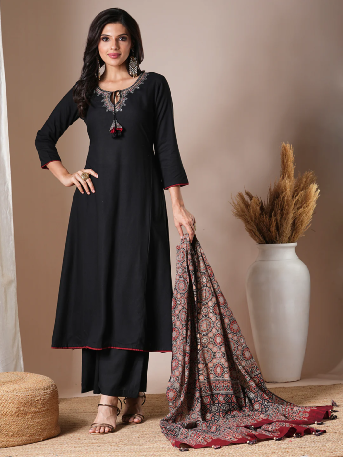 Black Cotton Handwork A Line Festive Suit - Image 3