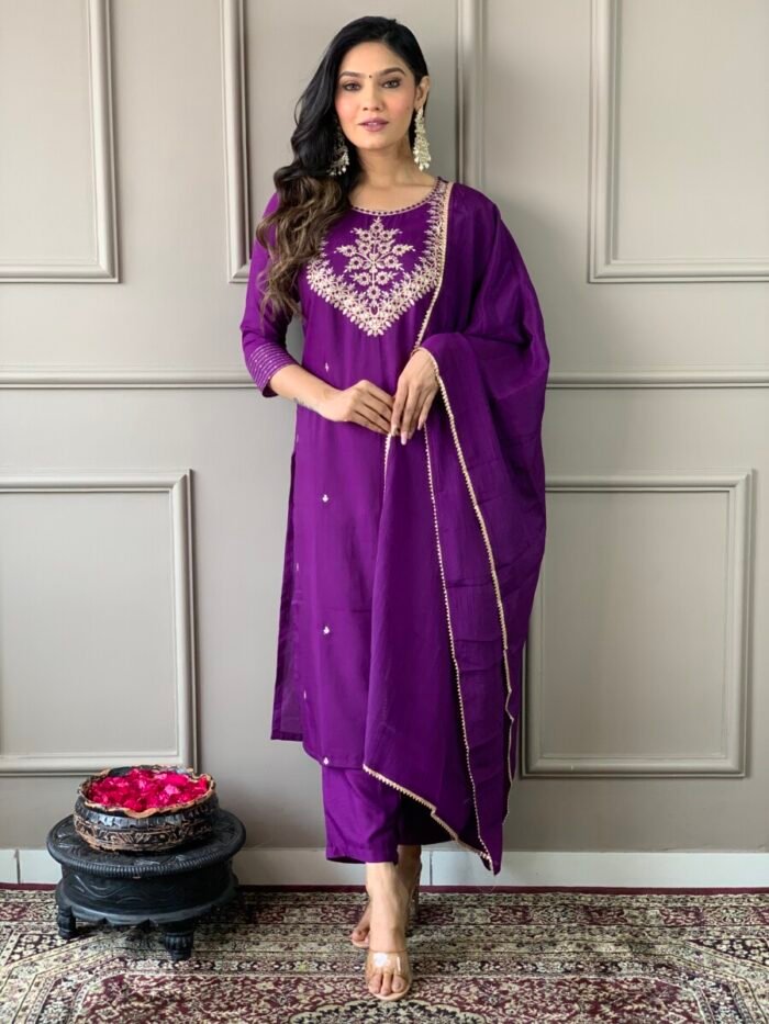 Lavender Threadwork Cotton Festive Suit