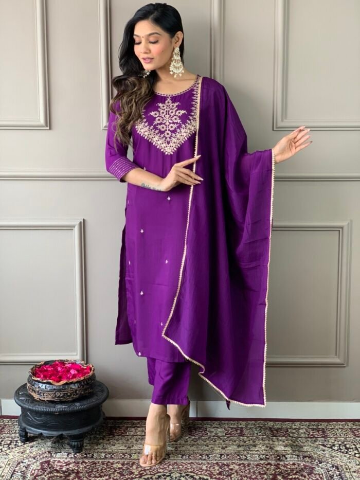 Lavender Threadwork Cotton Festive Suit - Image 2