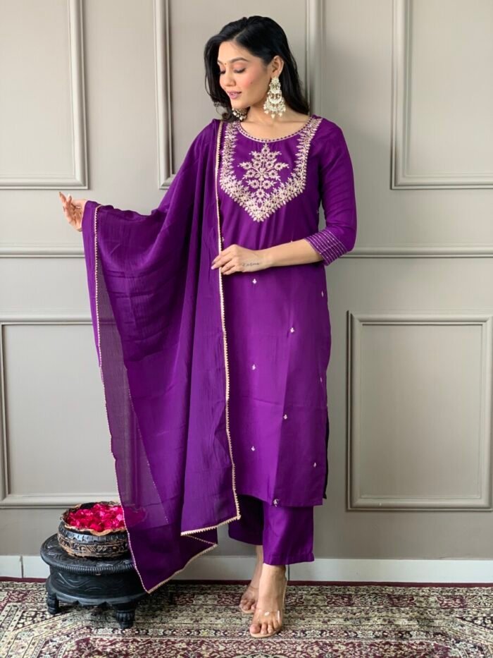 Lavender Threadwork Cotton Festive Suit - Image 3