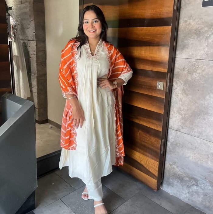 White Cotton Handwork A Line Festive Suit - Image 4