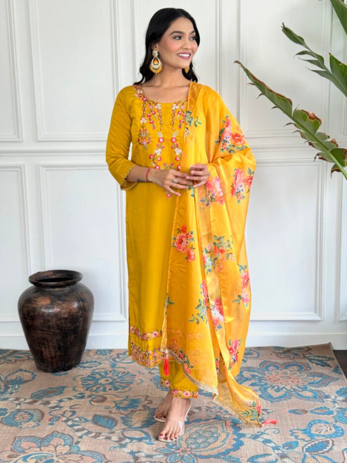 Mustrad Yellow Embroidery Premium Cotton Suit - Image 2
