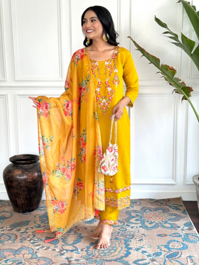 Mustrad Yellow Embroidery Premium Cotton Suit - Image 3