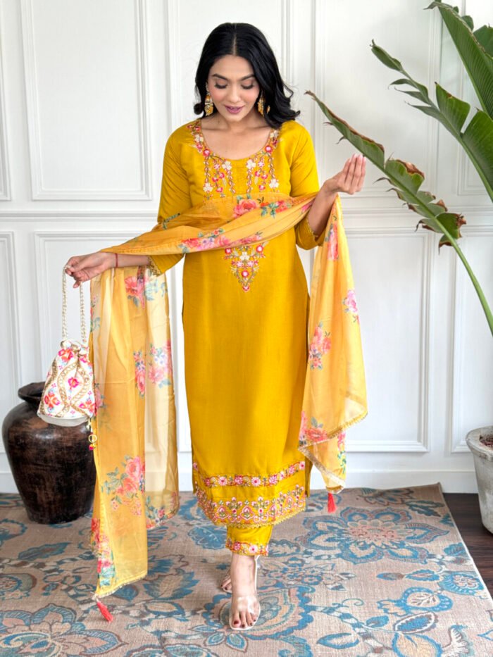 Mustrad Yellow Embroidery Premium Cotton Suit - Image 4