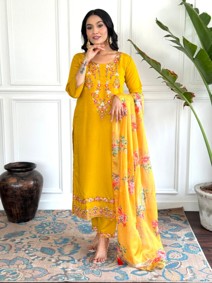 Mustrad Yellow Embroidery Premium Cotton Suit