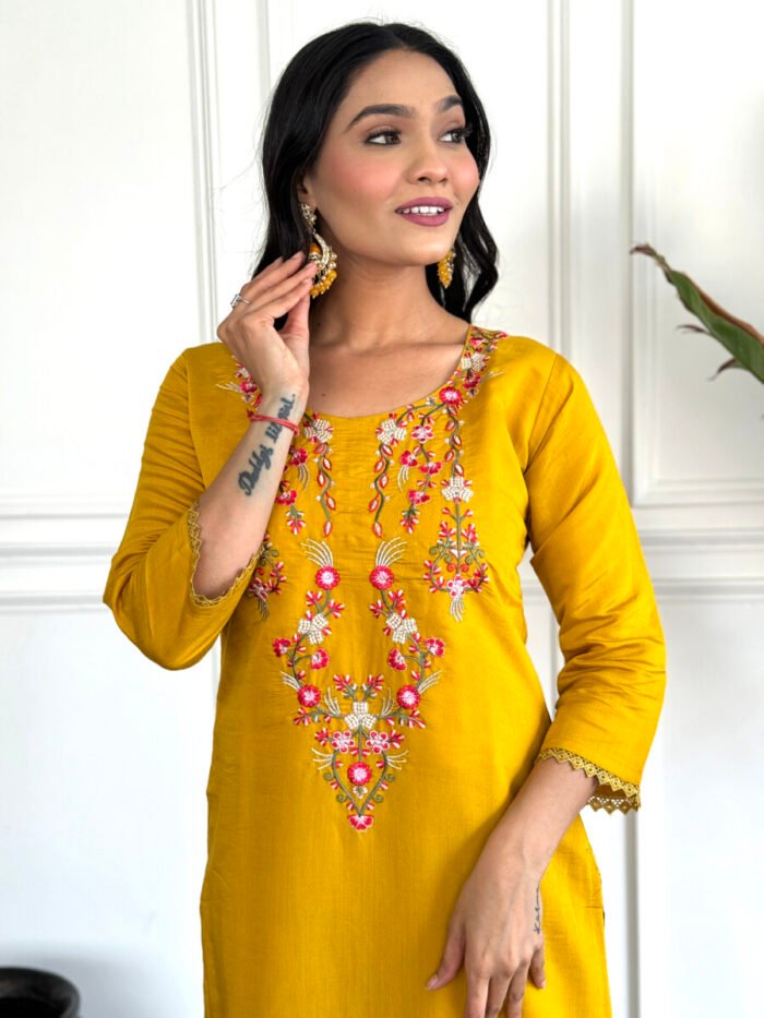 Mustrad Yellow Embroidery Premium Cotton Suit - Image 5