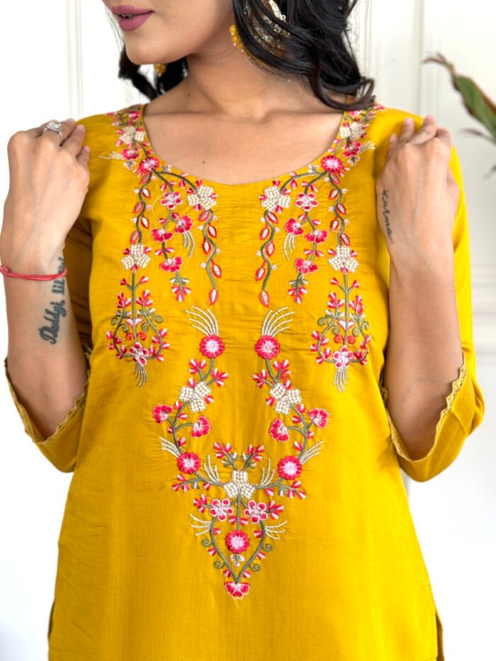 Mustrad Yellow Embroidery Premium Cotton Suit - Image 6