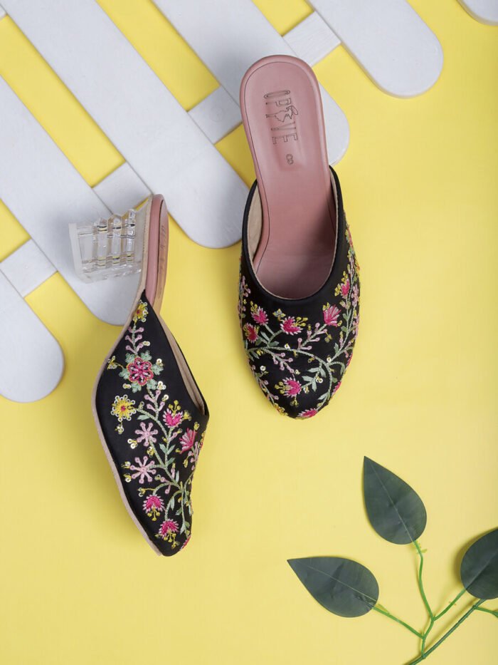 Black Floral Embroidered Mules – Timeless Elegance with a Contemporary Twist