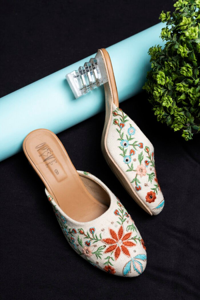 Royal Garden Cream Embroidered Block Heels