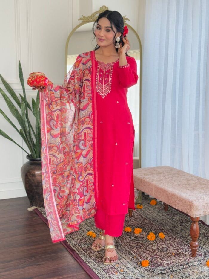 Pink Threadwork Cotton Festive Suit - Image 2
