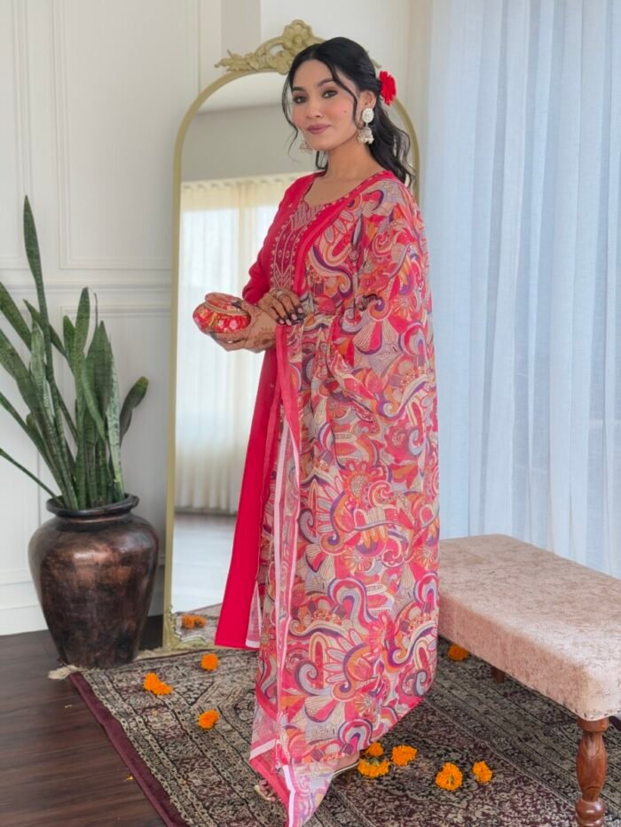 Pink Threadwork Cotton Festive Suit - Image 3