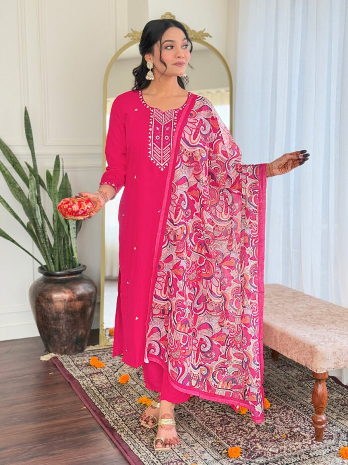 Pink Threadwork Cotton Festive Suit