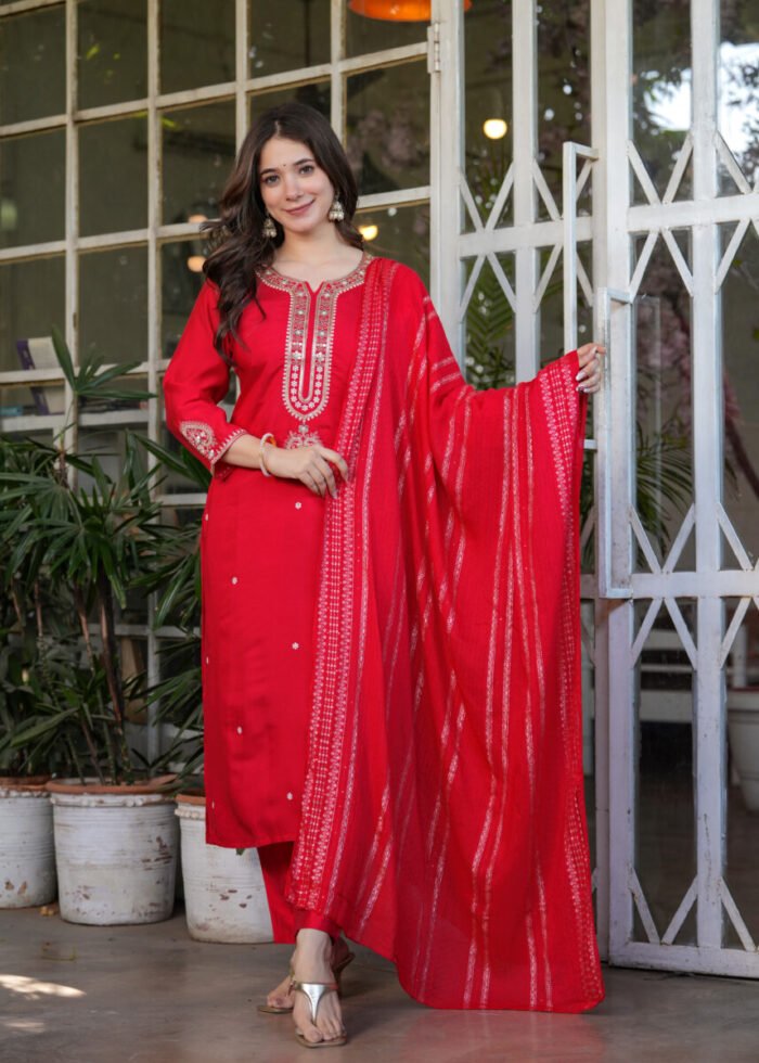 Opive Women's Cotton Straight Embroidered Kurta with Pant & Dupatta