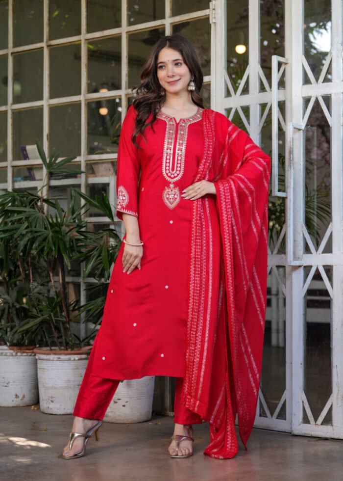 Opive Women's Cotton Straight Embroidered Kurta with Pant & Dupatta - Image 2