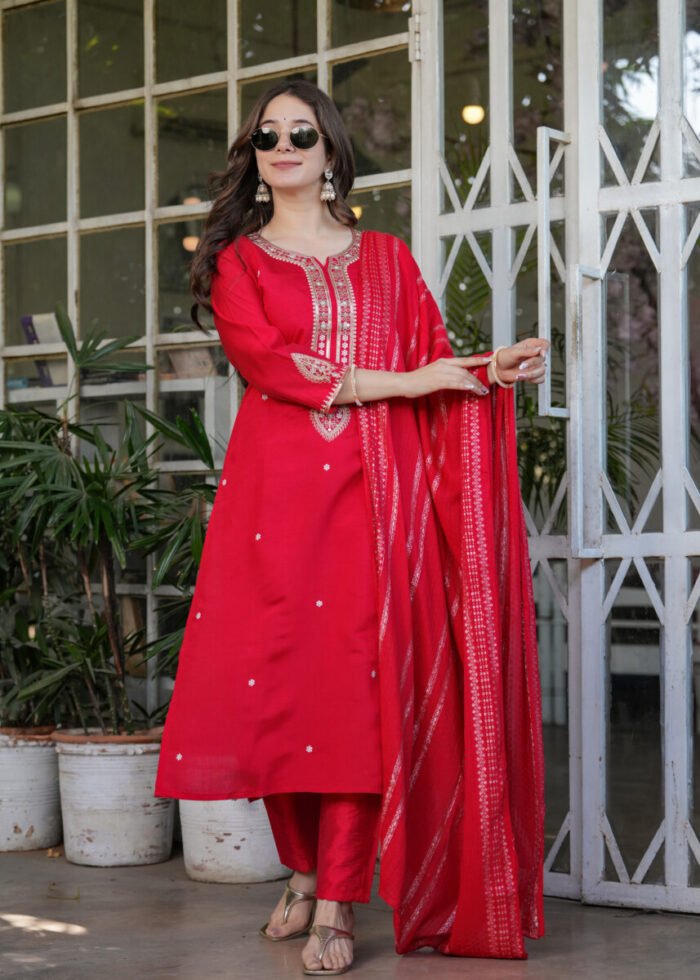 Opive Women's Cotton Straight Embroidered Kurta with Pant & Dupatta - Image 4