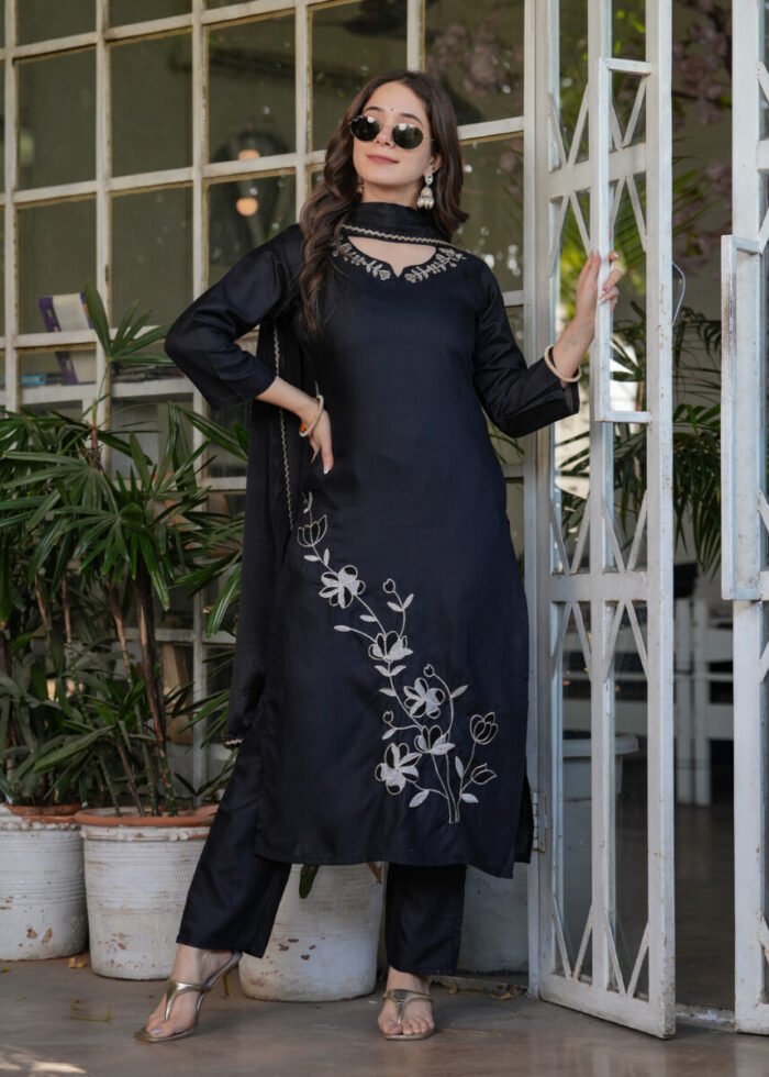 Opive Women's Cotton Straight  Embroidered Kurta with Pant & Dupatta - Image 3