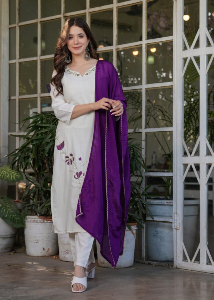 Opive Women's Off White Cotton Straight Embroidered Kurta with Pant & Dupatta - Image 8