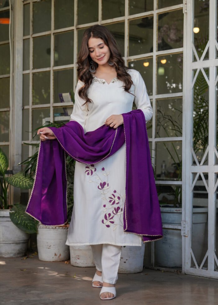 Opive Women's Off White Cotton Straight Embroidered Kurta with Pant & Dupatta - Image 5