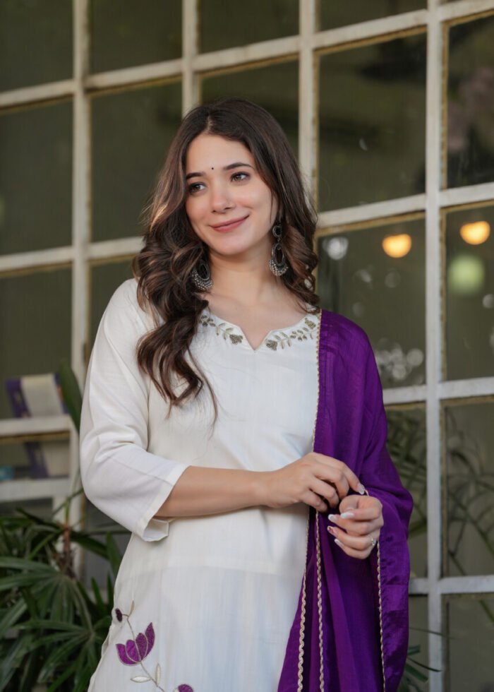 Opive Women's Off White Cotton Straight Embroidered Kurta with Pant & Dupatta - Image 4