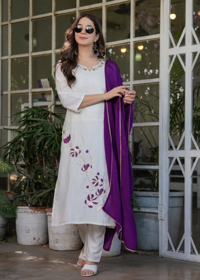 Opive Women's Off White Cotton Straight Embroidered Kurta with Pant & Dupatta - Image 6
