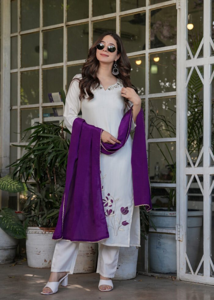 Opive Women's Off White Cotton Straight Embroidered Kurta with Pant & Dupatta