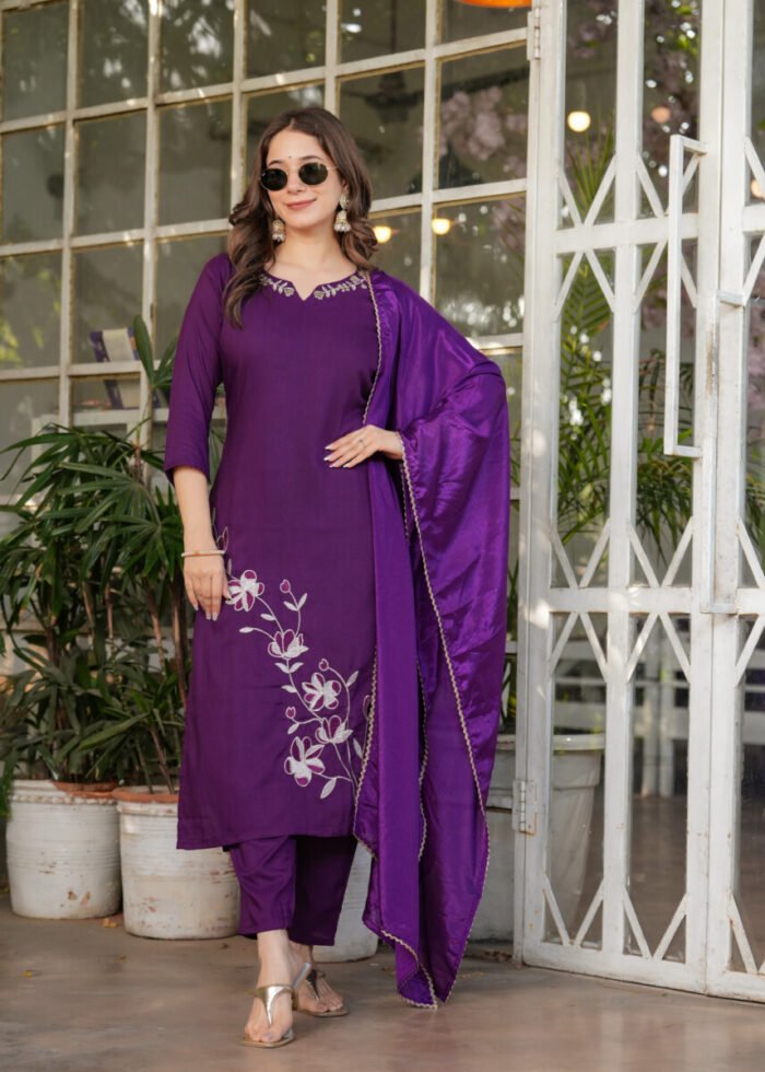 Opive Women's Cotton Straight Embroidered Kurta with Pant & Dupatta - Image 2