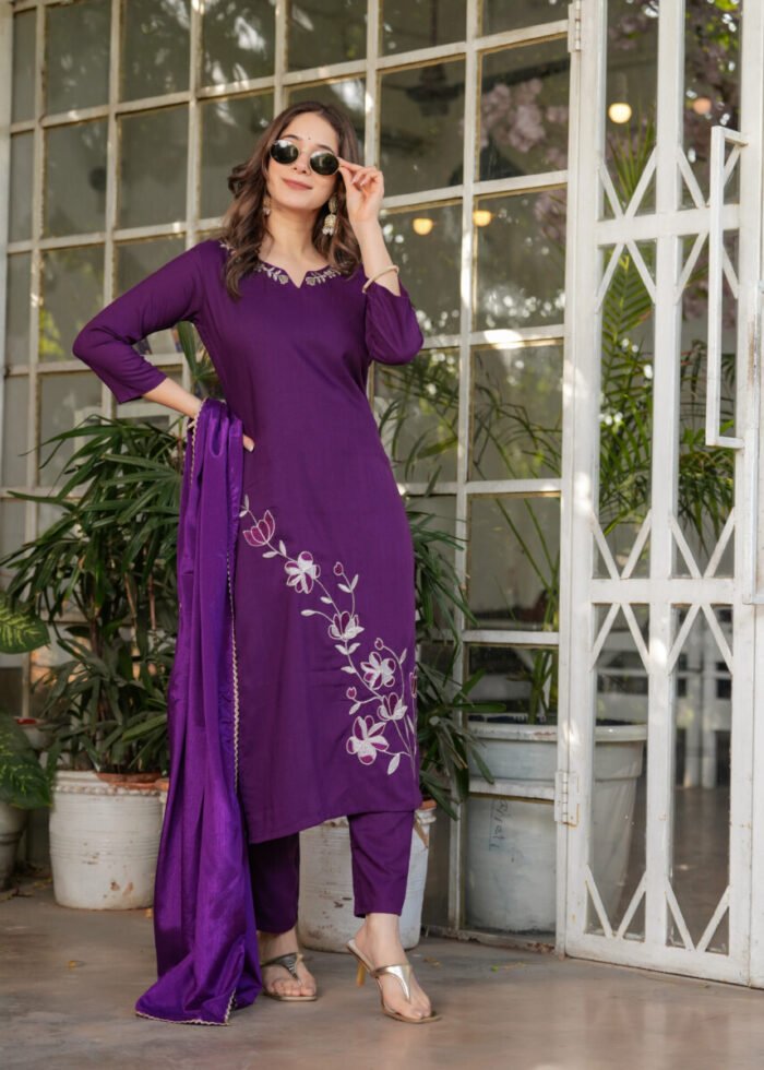 Opive Women's Cotton Straight Embroidered Kurta with Pant & Dupatta - Image 3