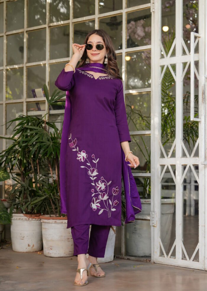 Opive Women's Cotton Straight Embroidered Kurta with Pant & Dupatta