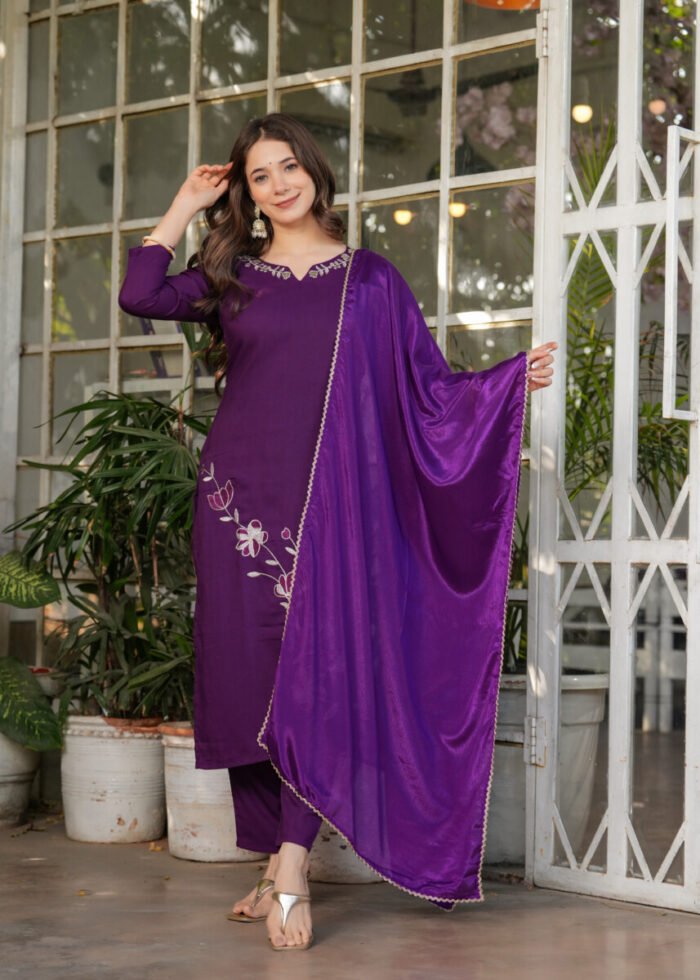 Opive Women's Cotton Straight Embroidered Kurta with Pant & Dupatta - Image 5