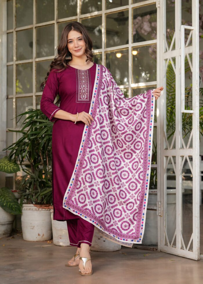 Opive Women's Cotton Straight Embroidered Kurta with Pant & Dupatta - Image 7