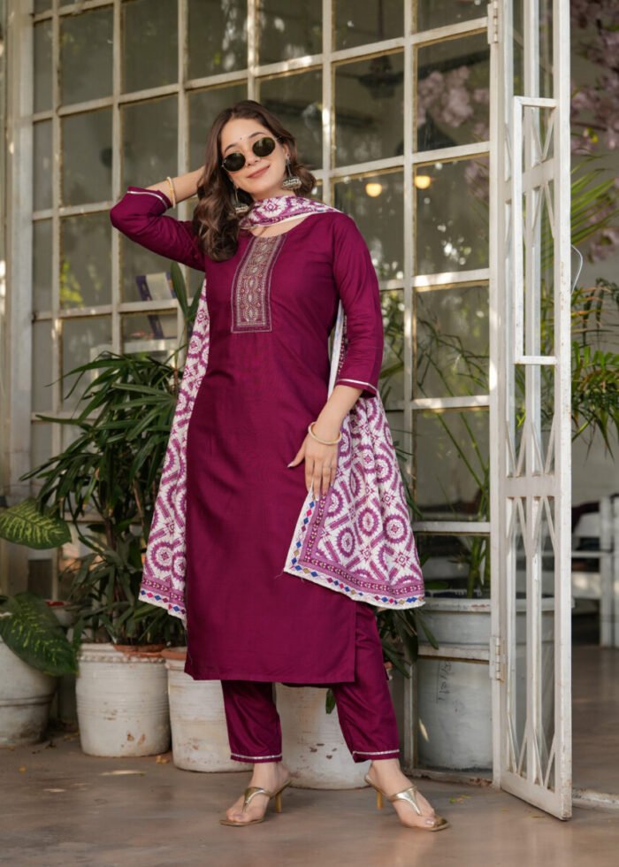 Opive Women's Cotton Straight Embroidered Kurta with Pant & Dupatta - Image 5