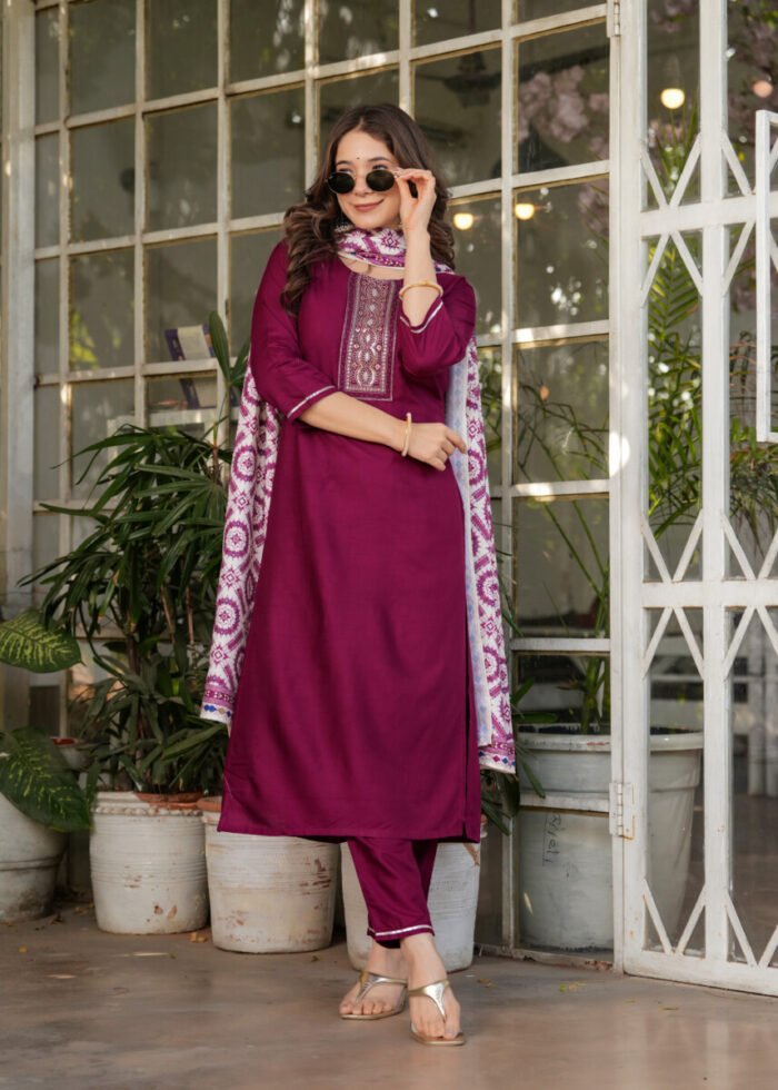 Opive Women's Cotton Straight Embroidered Kurta with Pant & Dupatta - Image 4
