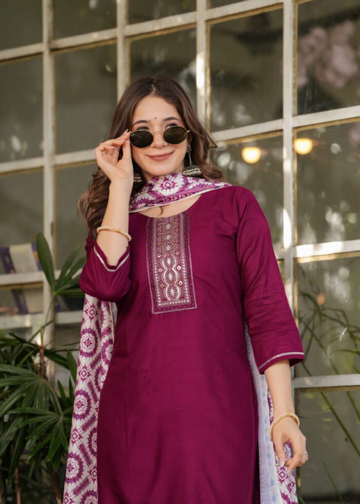Opive Women's Cotton Straight Embroidered Kurta with Pant & Dupatta - Image 3