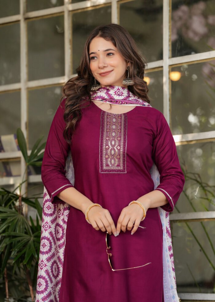 Opive Women's Cotton Straight Embroidered Kurta with Pant & Dupatta - Image 2