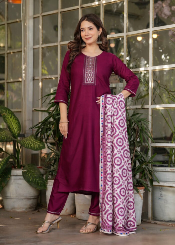 Opive Women's Cotton Straight Embroidered Kurta with Pant & Dupatta