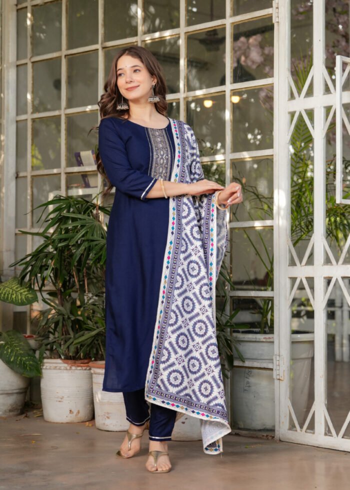 Royal Blue Handwork Cotton Suit - Image 3