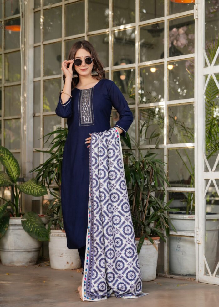Royal Blue Handwork Cotton Suit - Image 2