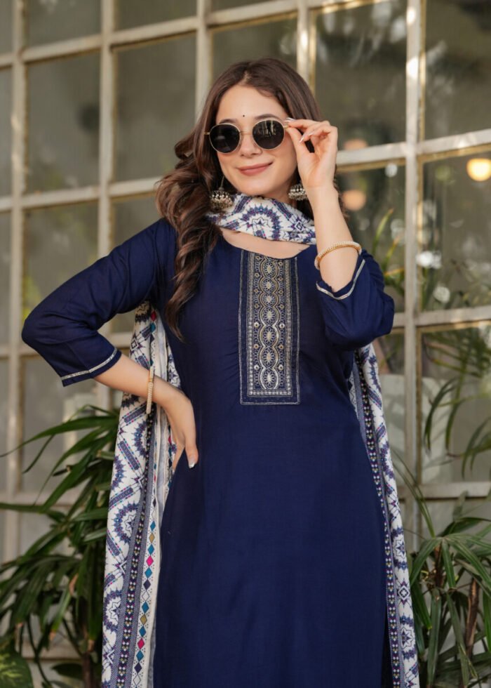 Royal Blue Handwork Cotton Suit - Image 5